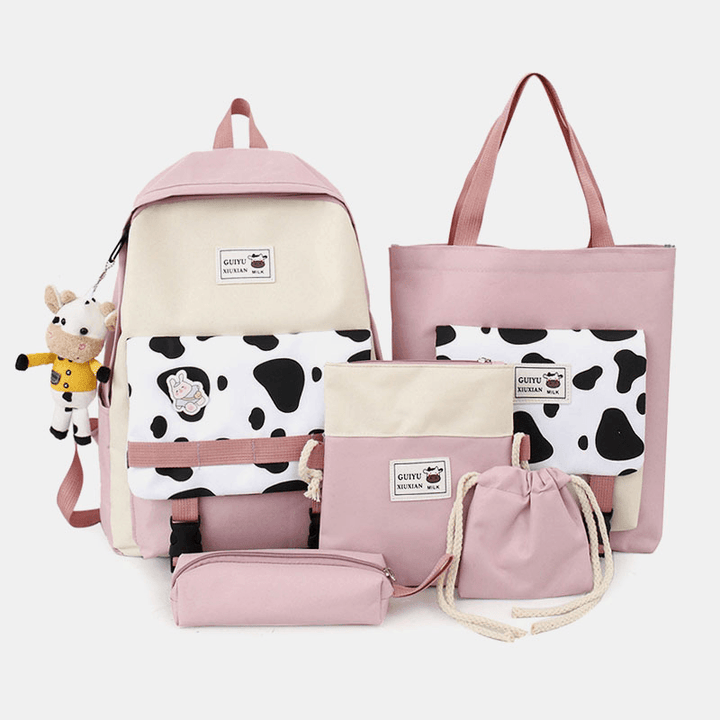 5 PCS Canvas Preppy Cow Pattern Multifunction Combination Bag Backpack Tote Crossbody Bag Clutch Wallet - MRSLM