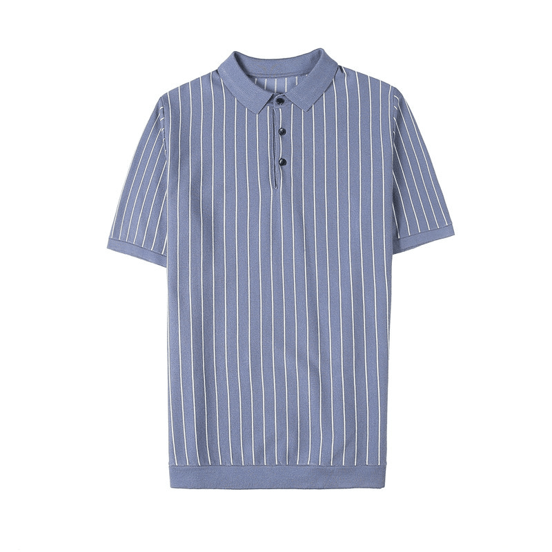 Lapel Tight-Fitting Striped Stretch Short-Sleeved T-Shirt