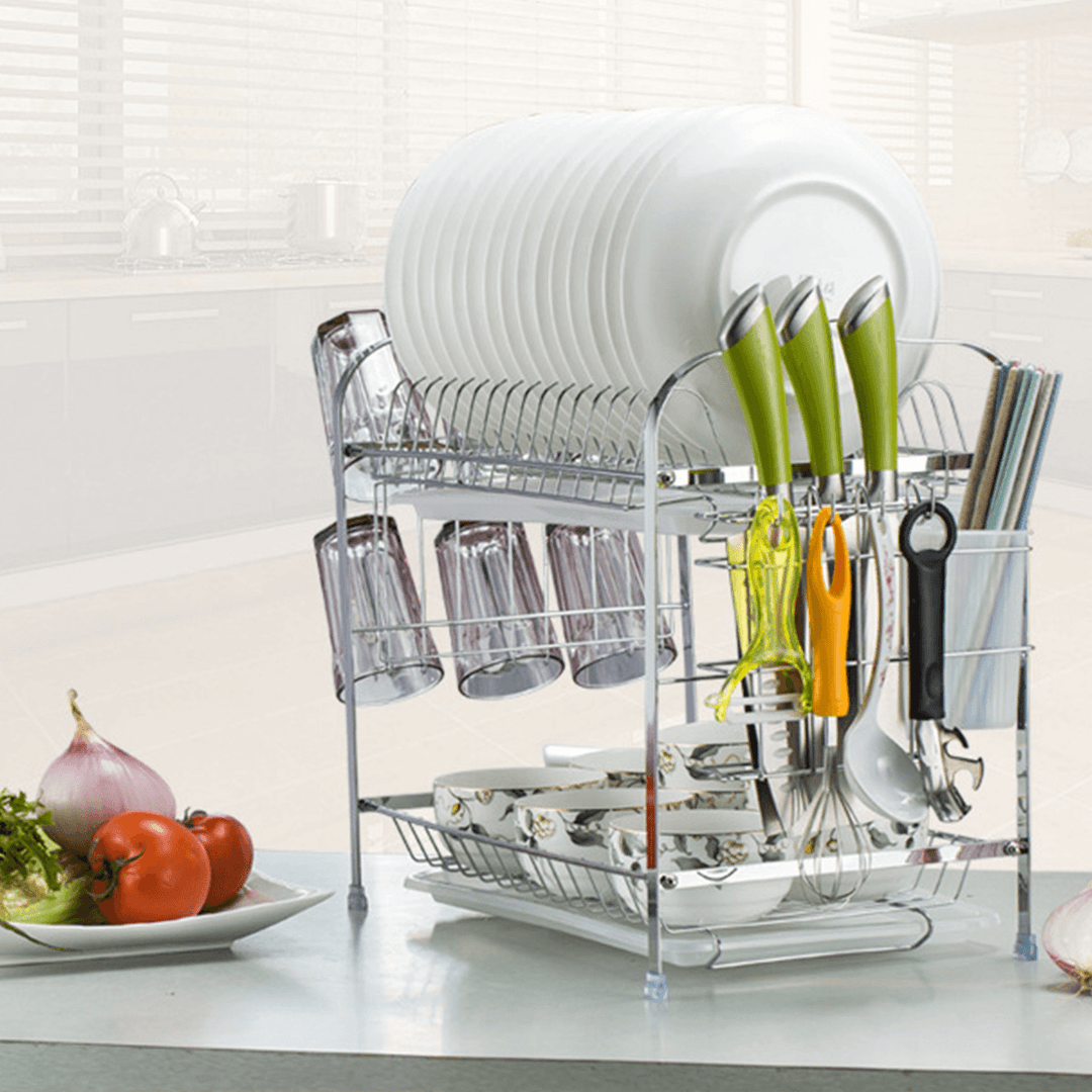 2 Tiers Dish Drying Rack Stainless Steel over Sink Kitchen Cutlery Bowl Storage Holder