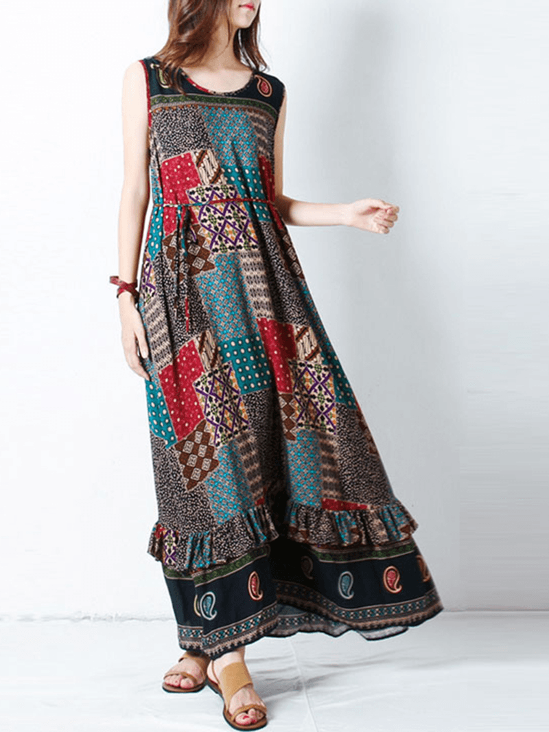 Bohemian Women Sleeveless O-Neck Printed Maxi Tank Dress