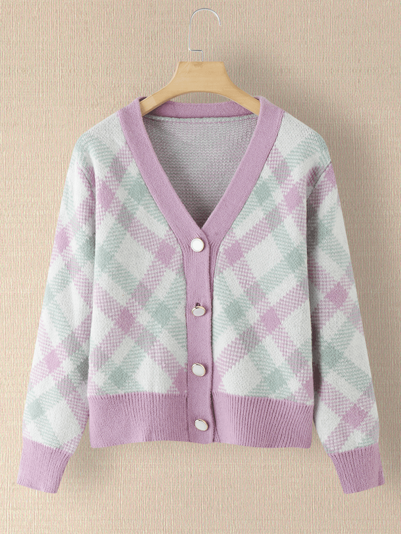 Women Plaid V-Neck Knitted Elastic Cuff Color Block Cardigan