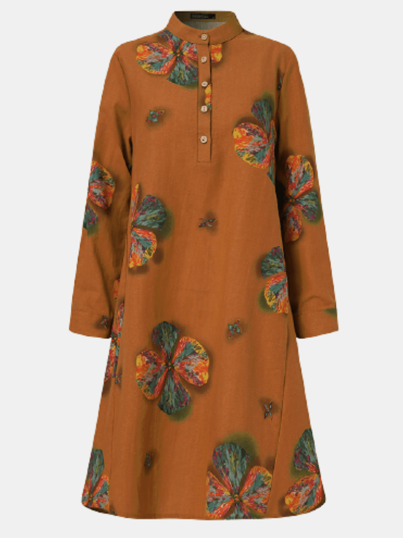 Women Cotton Button Vintage Print High-Low Hem Retro Shirt Dress