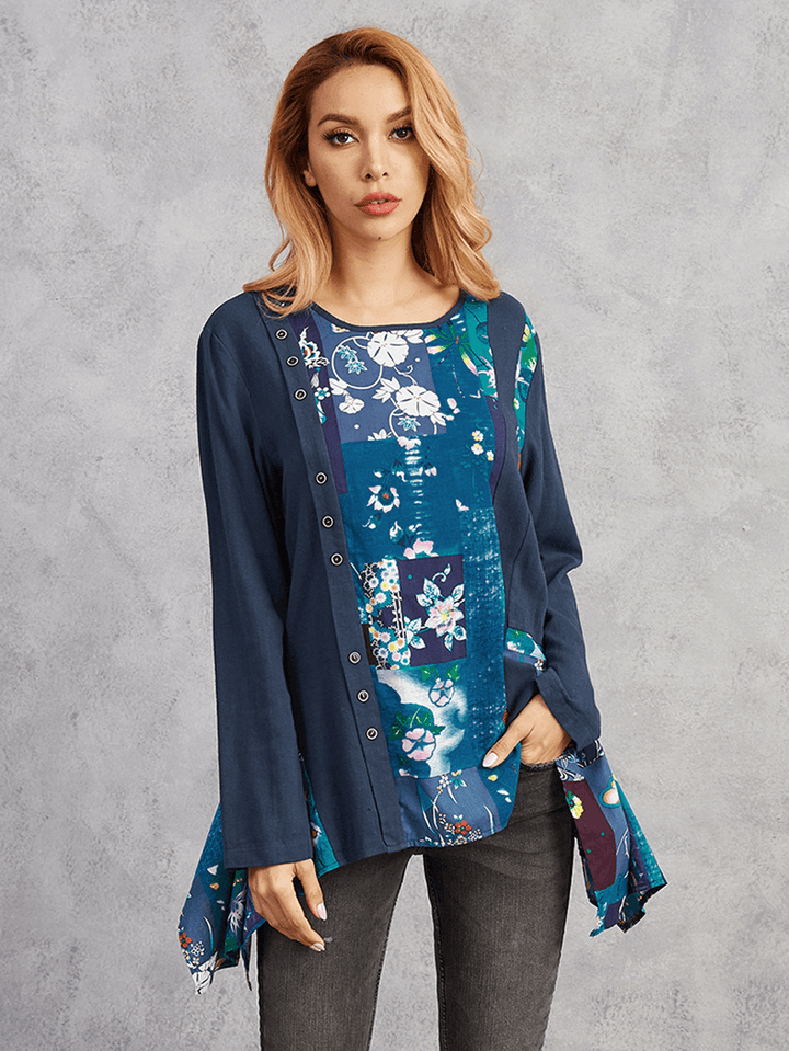 Floral Print Irregular Hem Patchwork Long Sleeve O-Neck Blouse - MRSLM