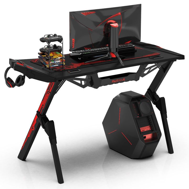 47.2" Gaming Computer Desk Black Gamer Table with Audio Sensor RGB LED Lights Cup Holder Headphone Hook for Home Office