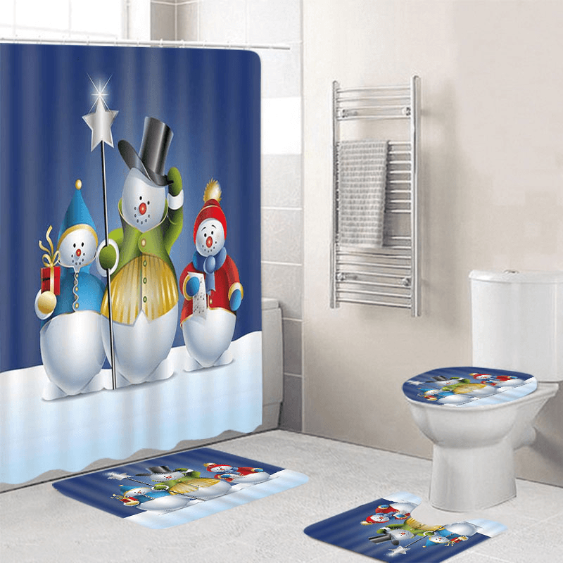 Bathroom Christmas Snowman Shower Curtain & 3PCS Mat Set Toilet Cover 180*180CM