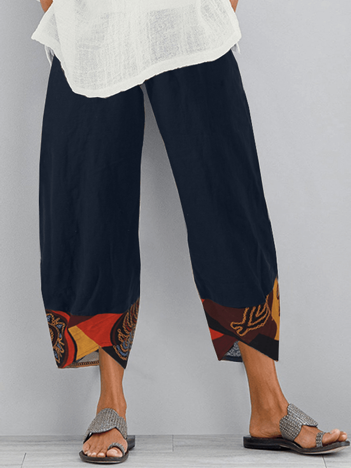 Ethnic Print Patchwork Elastic Waist Side Pocket Irregular Hem Pants for Women