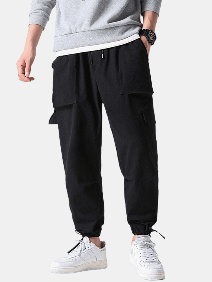 Mens Black Loose Drawstring Elastic Waist Multi Pocket Casual Pants