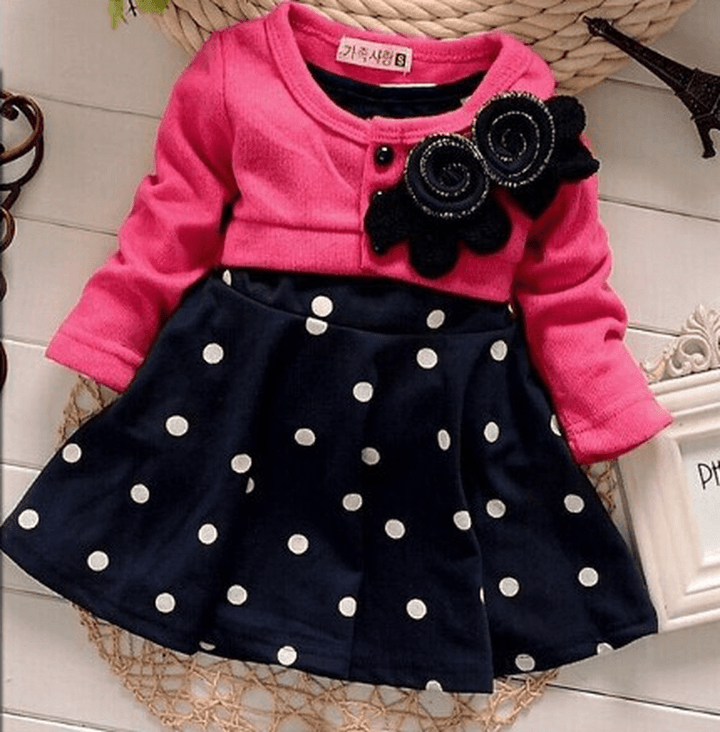 Autumn New Children'S Long-Sleeved Cartoon Wave Point Children'S Skirt Girls Cute Print Children'S Clothing Korean Casual Children'S Clothing - MRSLM