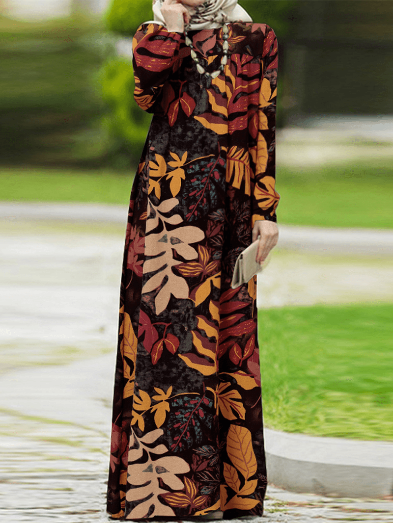 Women Vintage Flowers Print Puff Sleeve Lace-Up Bohemian Maxi Dress