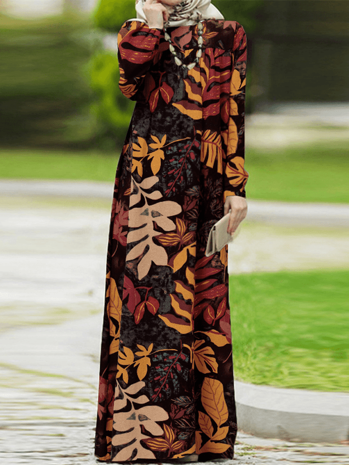 Women Vintage Flowers Print Puff Sleeve Lace-Up Bohemian Maxi Dress