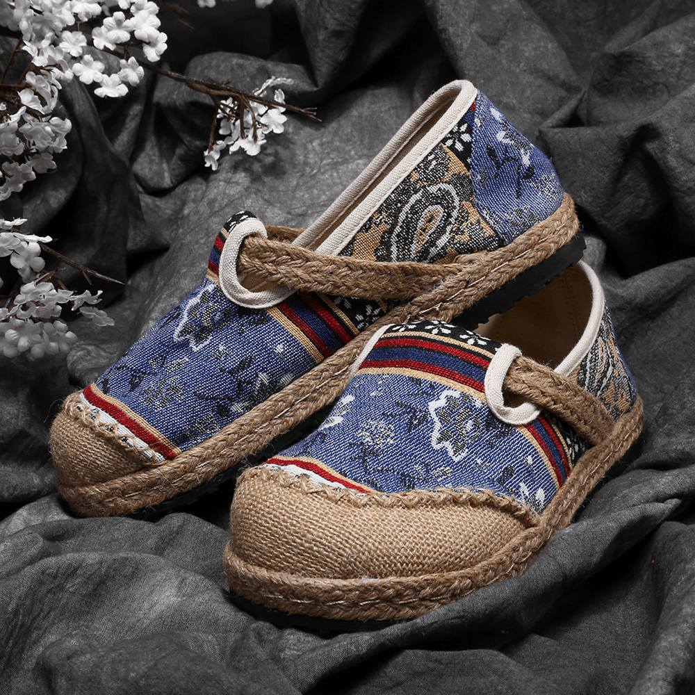 Women Linen Old Peking Printing Stricing Slip on Loafers