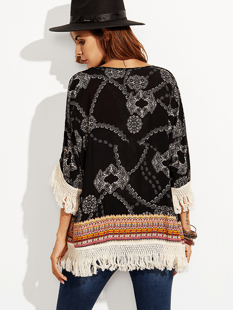 Black Floral Print Tassel Patchwork Loose Beach Summer Cardigans