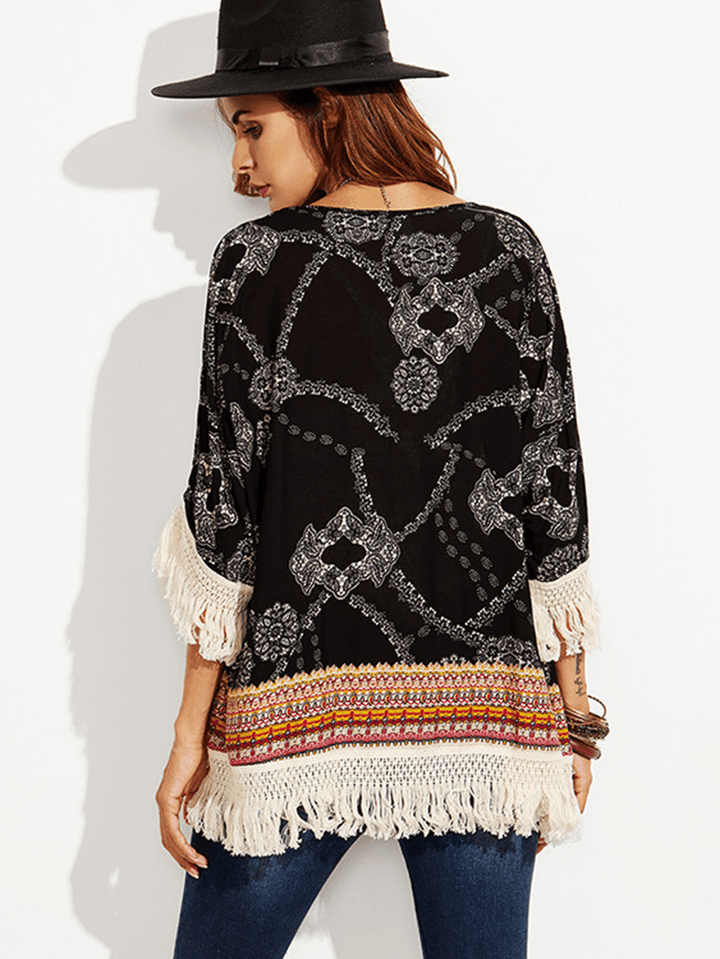 Black Floral Print Tassel Patchwork Loose Beach Summer Cardigans