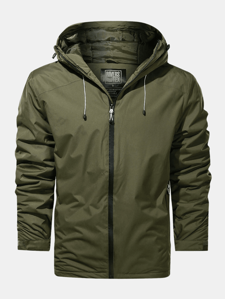 Mens Waterproof Windproof Solid Color Zipper Simple Hooded Jacket