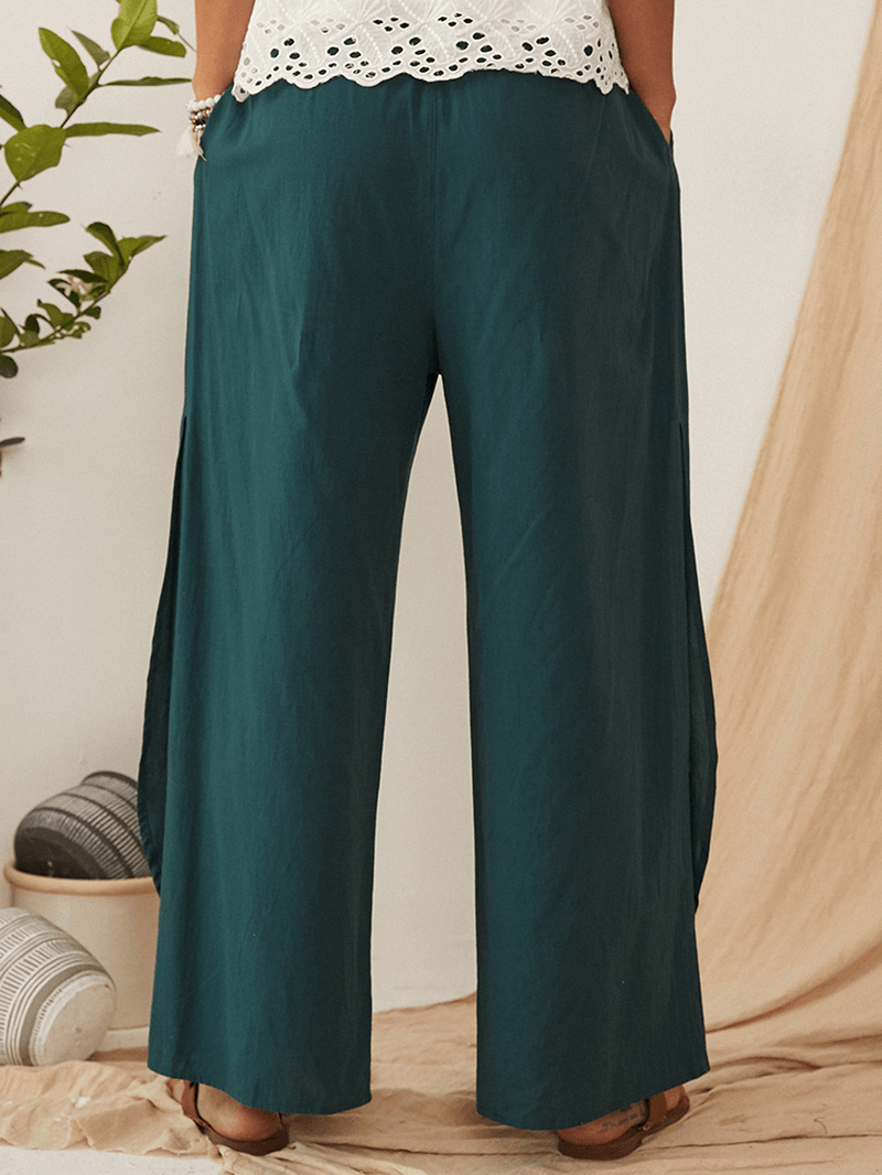 Casual Loose Elastic Waist Pocket Wide Leg Solid Pants for Women