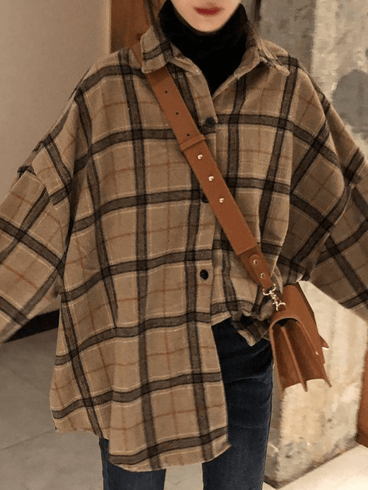 Women Plaid Print Lapel Long Sleeve Warm Vintage Shirts