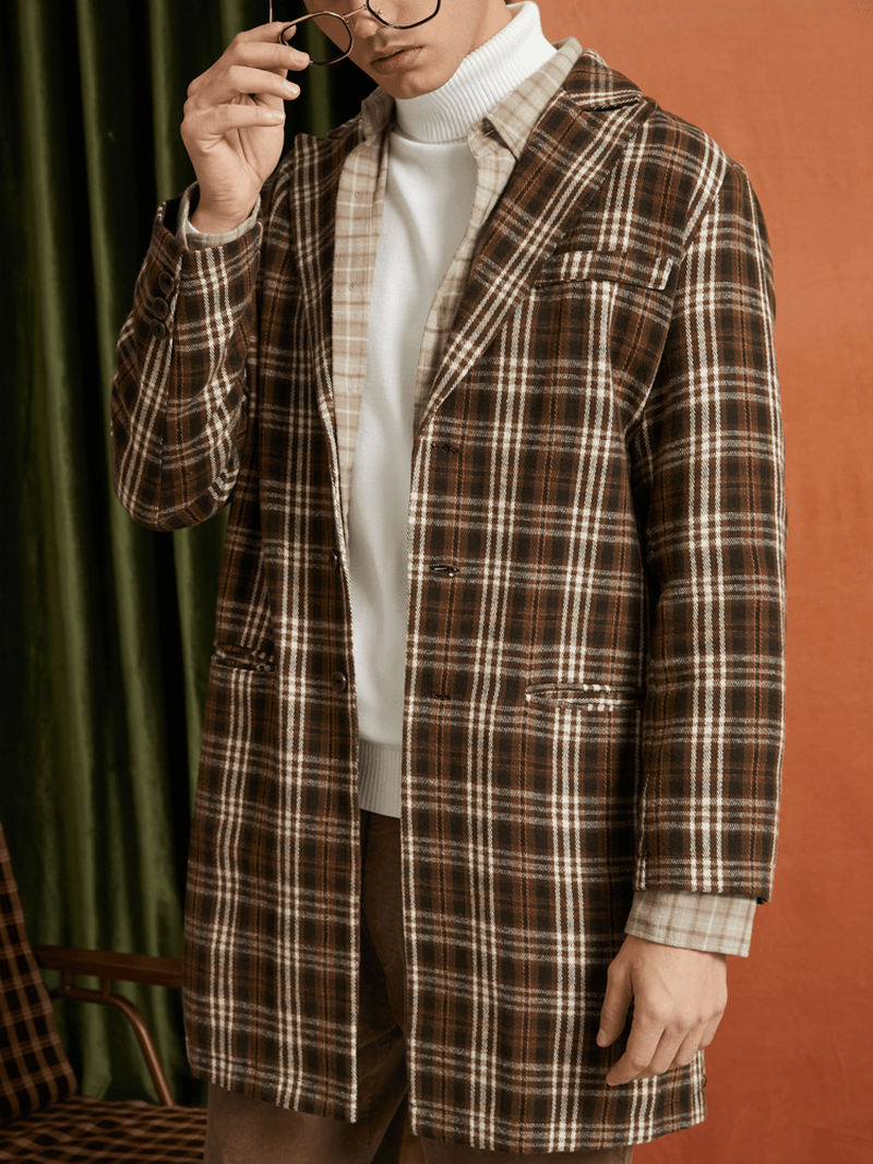 Men Plaid Woolen Single-Breasted Flat Collar Long Trench Pockets Causal Coats