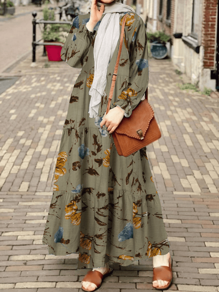 Women Retro Floral Printing Puff Sleeve O-Neck Casual Holiday Maxi Dress