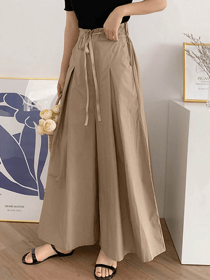 Women Drawstring Waist Loose Solid Color Casual Wide Leg Pants with Pocket