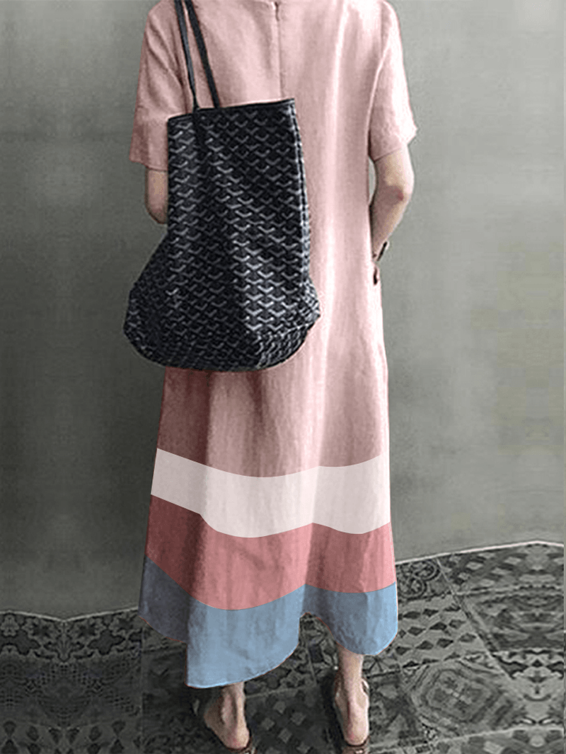 Women Cotton Contrast Color Stripe Print V-Neck Side Pocket Maxi Dress