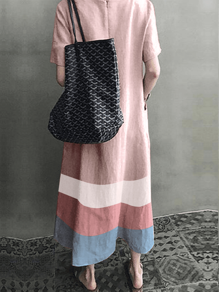 Women Cotton Contrast Color Stripe Print V-Neck Side Pocket Maxi Dress