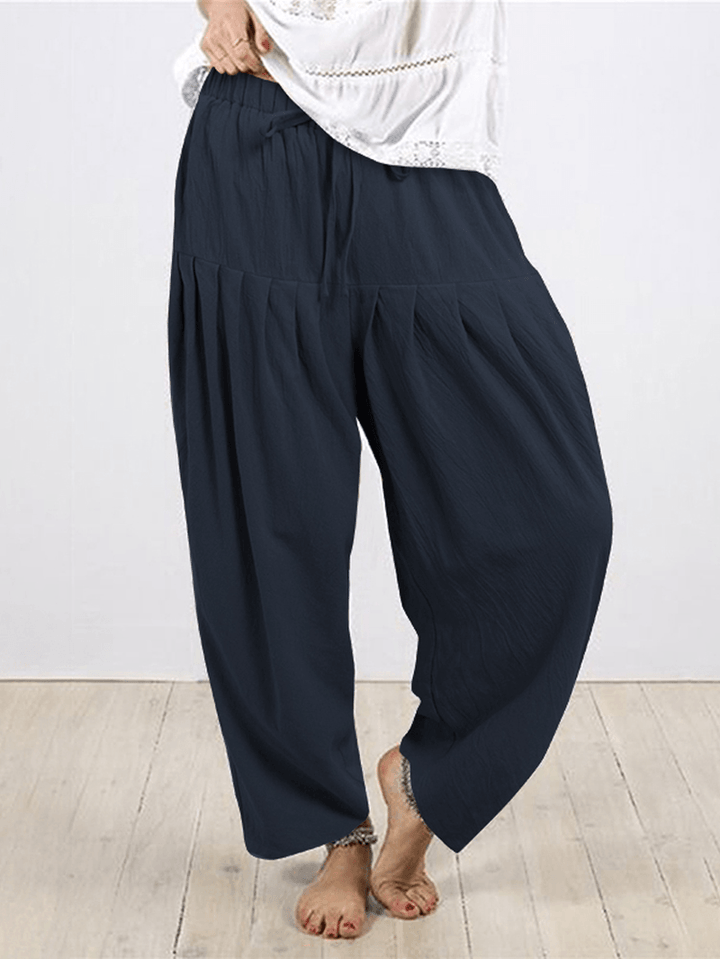 Women Solid Color Cotton Pleats Elastic Waist Drawstring Loose Pants