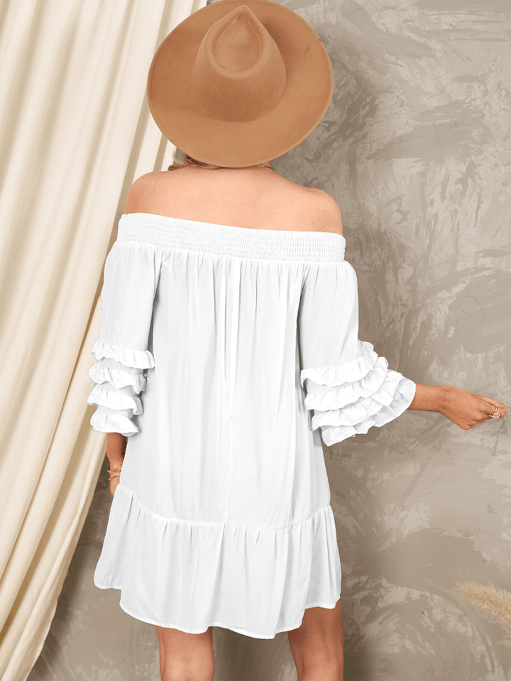 Off Shoulder Pleats Solid Casual Mini Dresses for Women