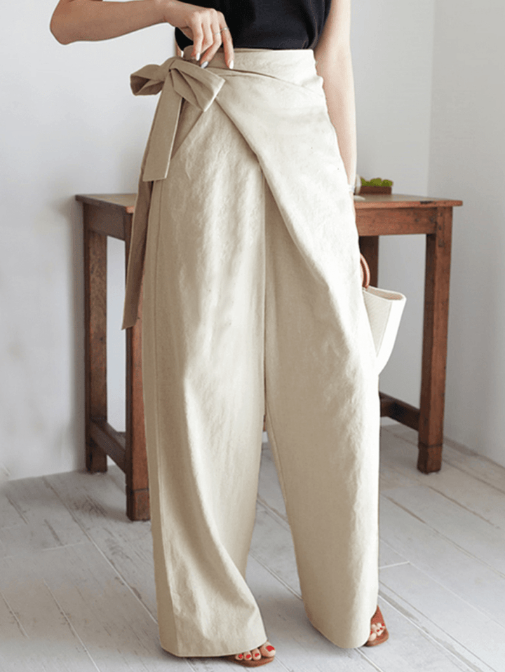 Women's Asymmetrical Bandage Design Wide Leg Pants - Solid Color, Breathable Fabric