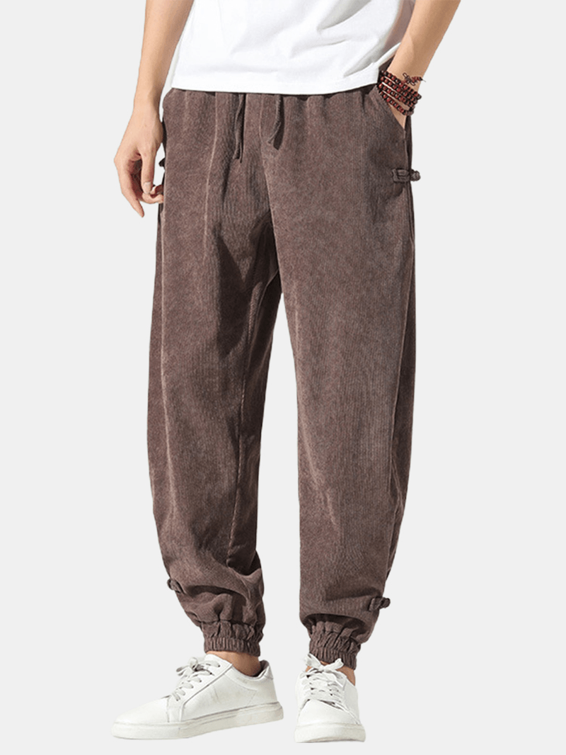 Mens Corduroy Chinese Frog Drawstring Jogger Pants with Pocket