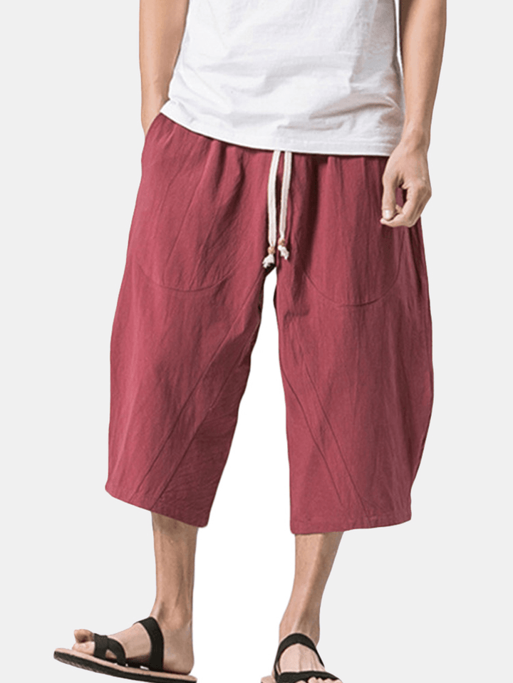 Stylish Mens Cotton Linen Baggy Loose Calf Length Pants Antibacterial Casual Shorts