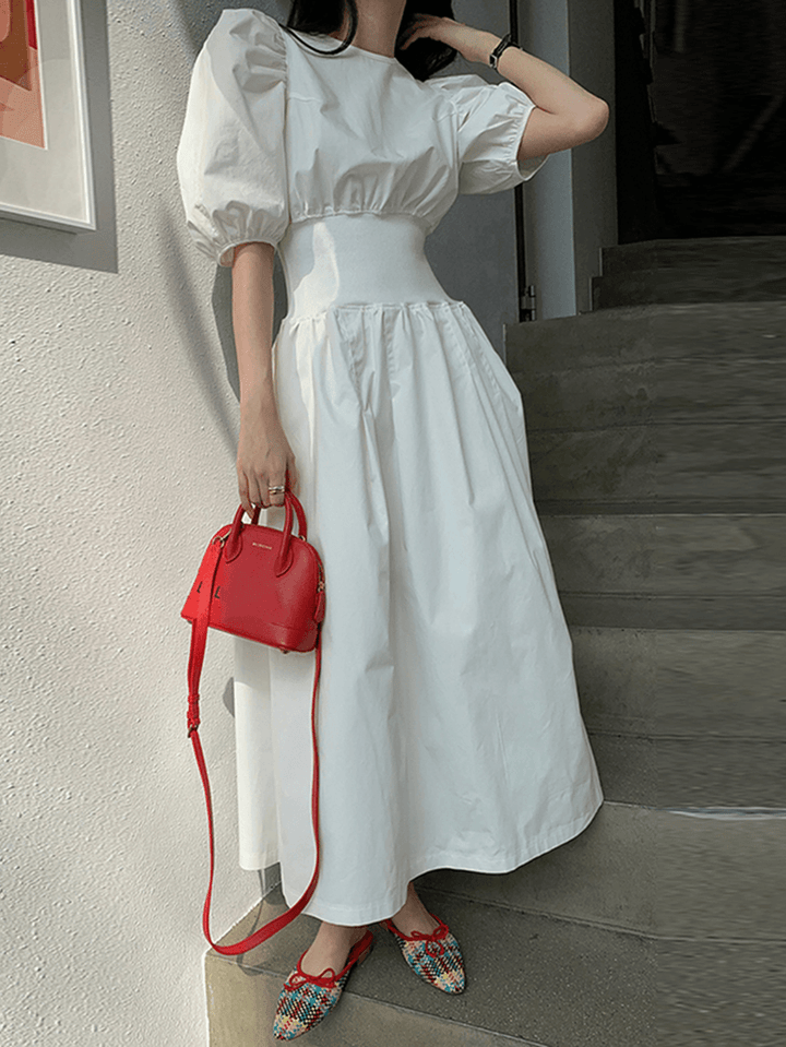 Puff Sleeve O-Neck Short Sleeve Elastic Cuffs Casual Maxi Dress