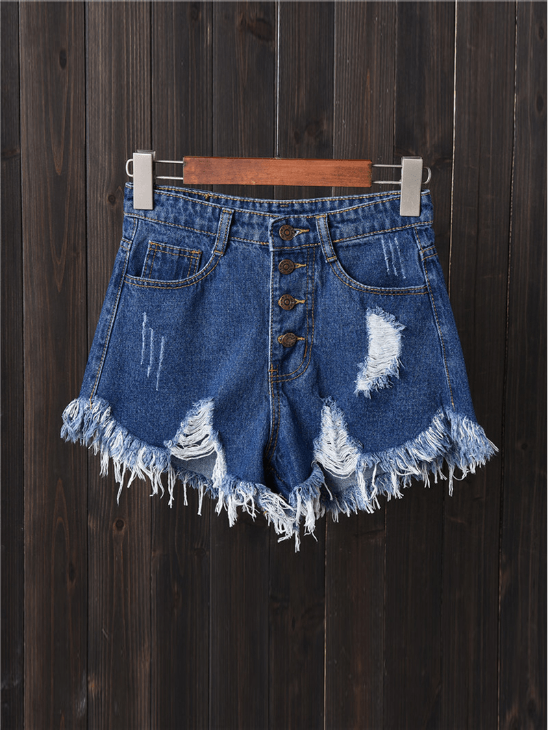 Women Button up Pocket Loose Hollow Ripped Denim Shorts - MRSLM