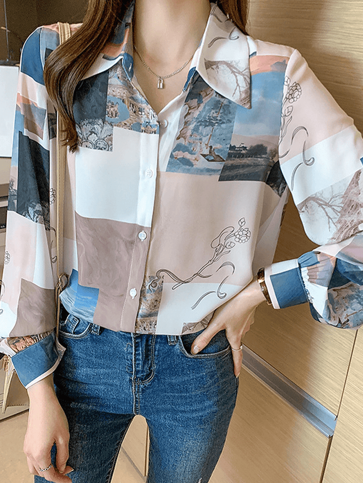 Women Block Landscape Print Long Sleeve Lapel Casual Blouse