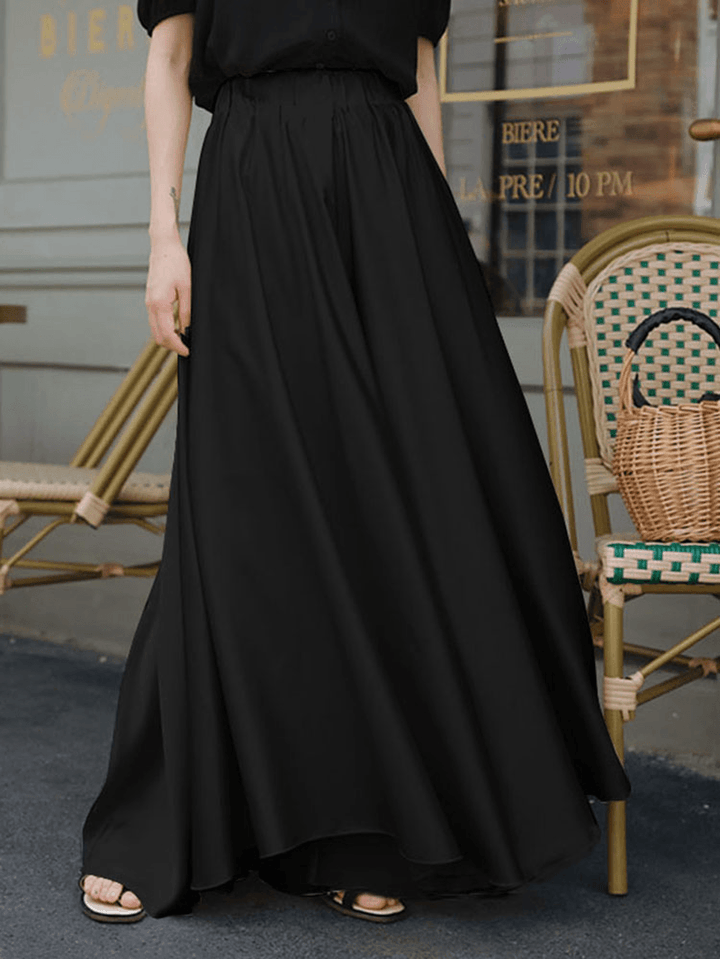 Women Solid Color Loose Casual Elastic Waist Wide Leg Pants with Pocket