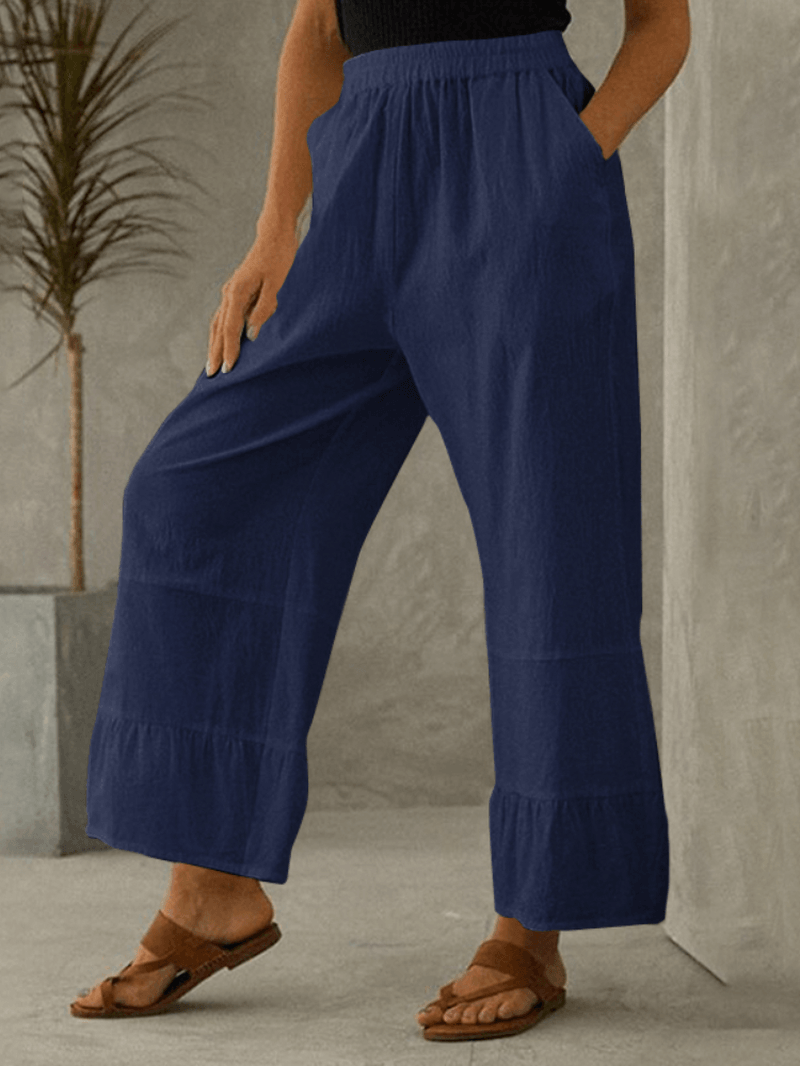 Women Cotton Plain Ruffle Cuff Elastic Waist Loose Casual Solid Wide Leg Pants