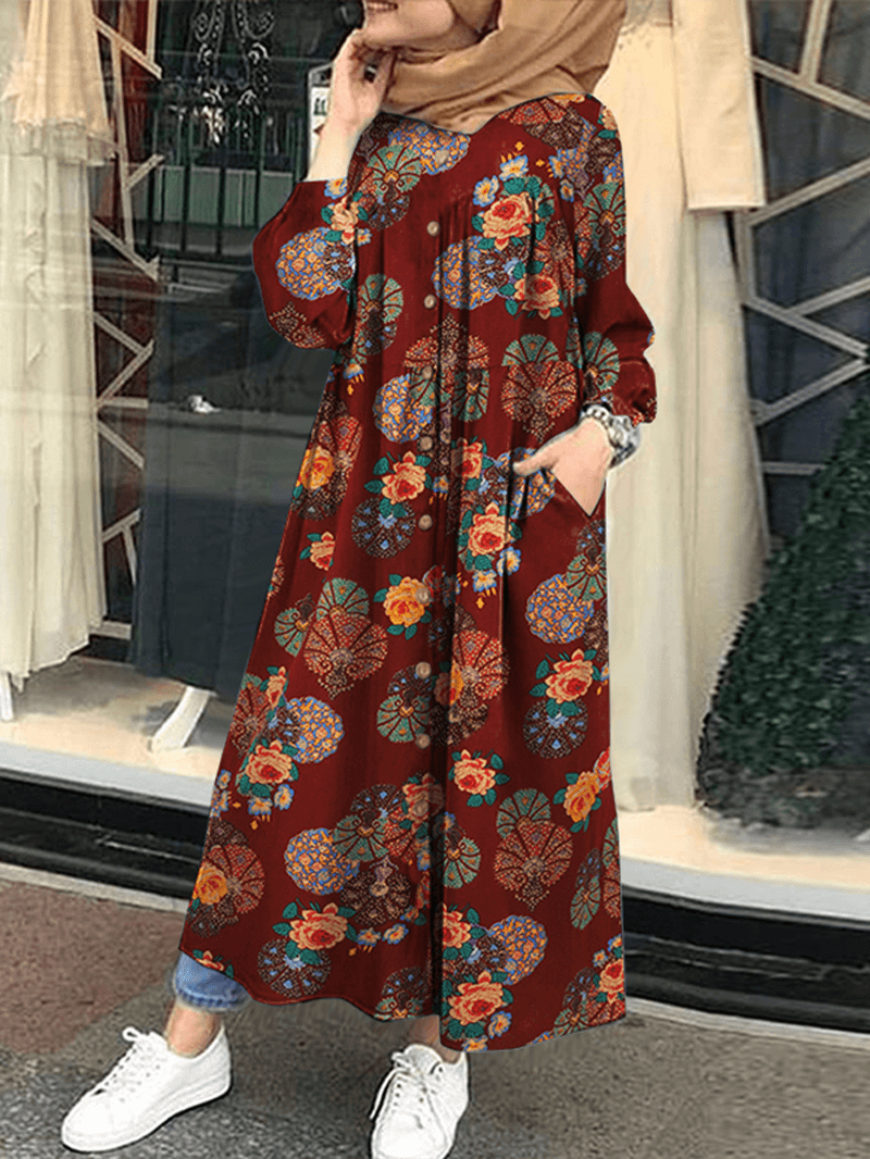 Women Retro Floral Print O-Neck Button Robe Shirt Maxi Dress with Pocket - MRSLM