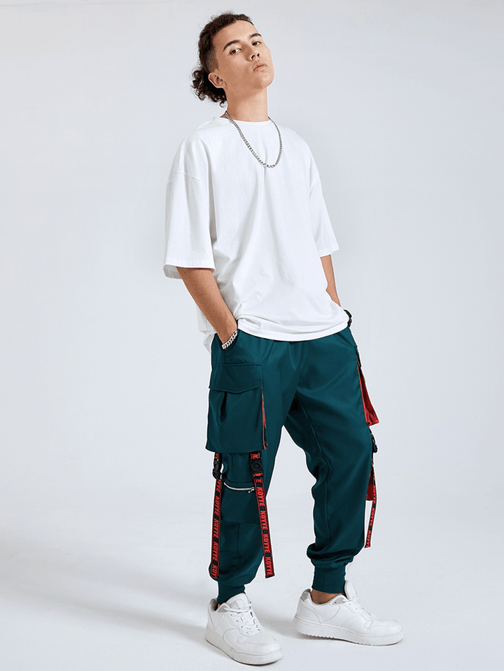 Mens Letter Tape Multi Pockets Fashion Pants