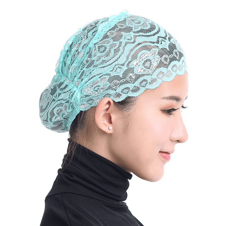 Women Shiny Lace Head Coverings Headscarf Hat Islamic Headwear Cap Scarf Hijab Undercaps - MRSLM