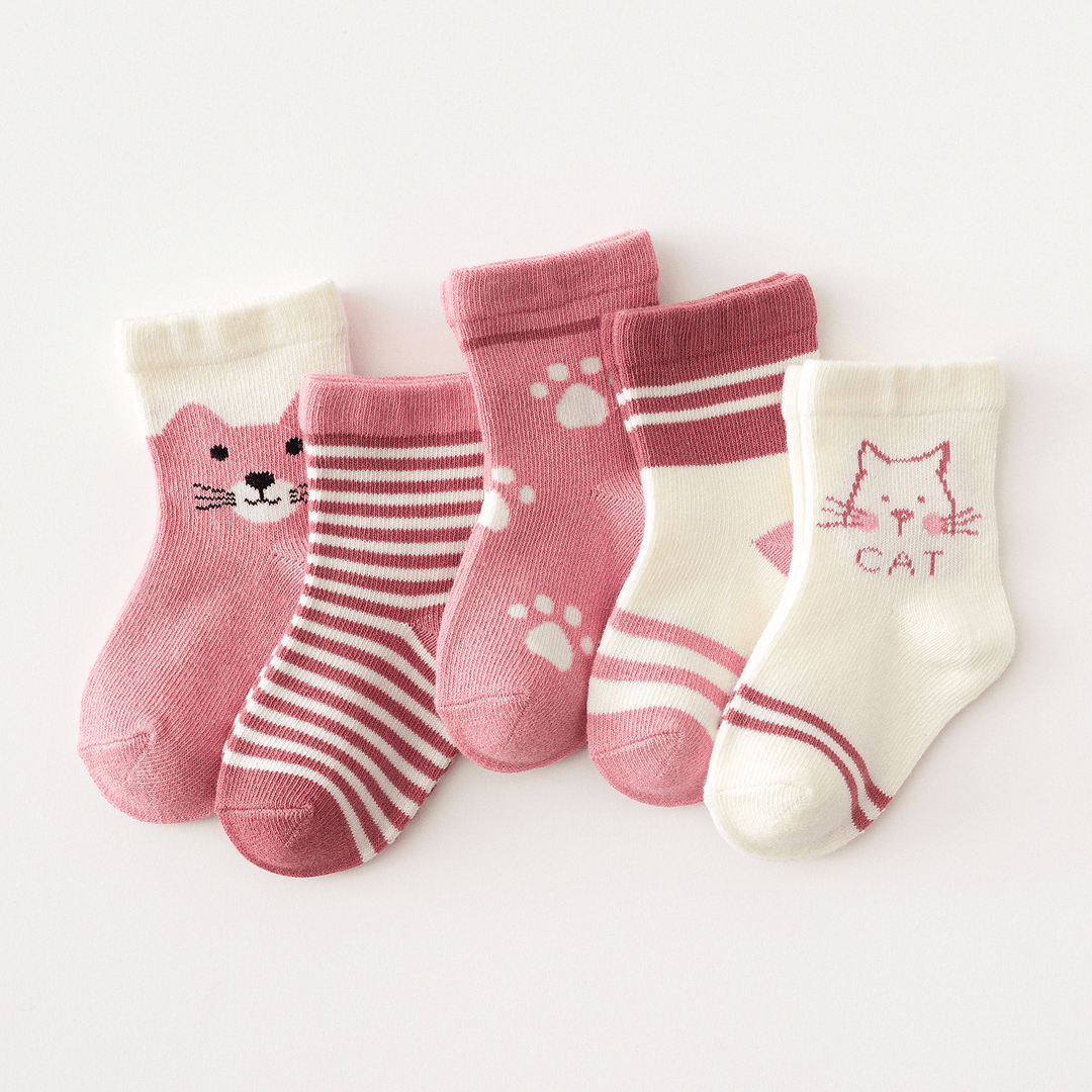 5 Pairs of Children Four Seasons Tube Socks Pink Cat