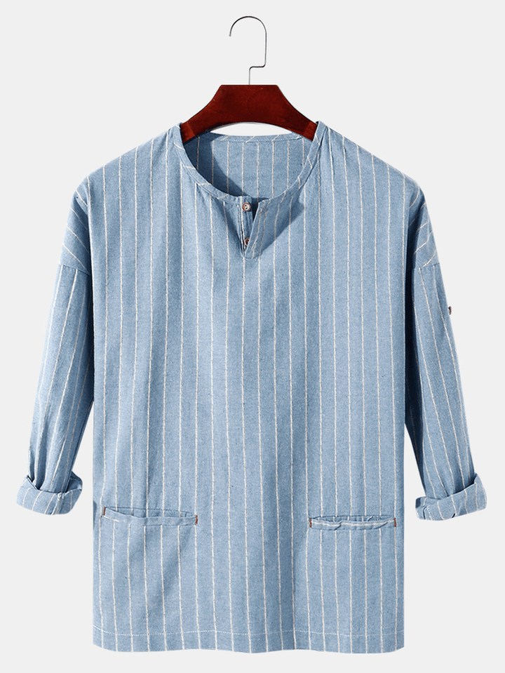 Mens Stripe Half Open Collar Double Pocket Casual Henley Shirts - MRSLM