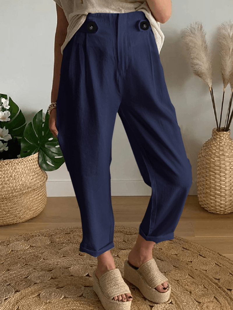 Women Brief Style Solid Color Button Design Elastic Waistband Casual Pants