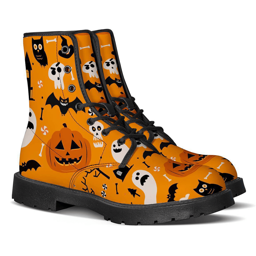 Men Leather Halloween Funny Printing Soft Sole round Toe Comfy Casual Martin Boots