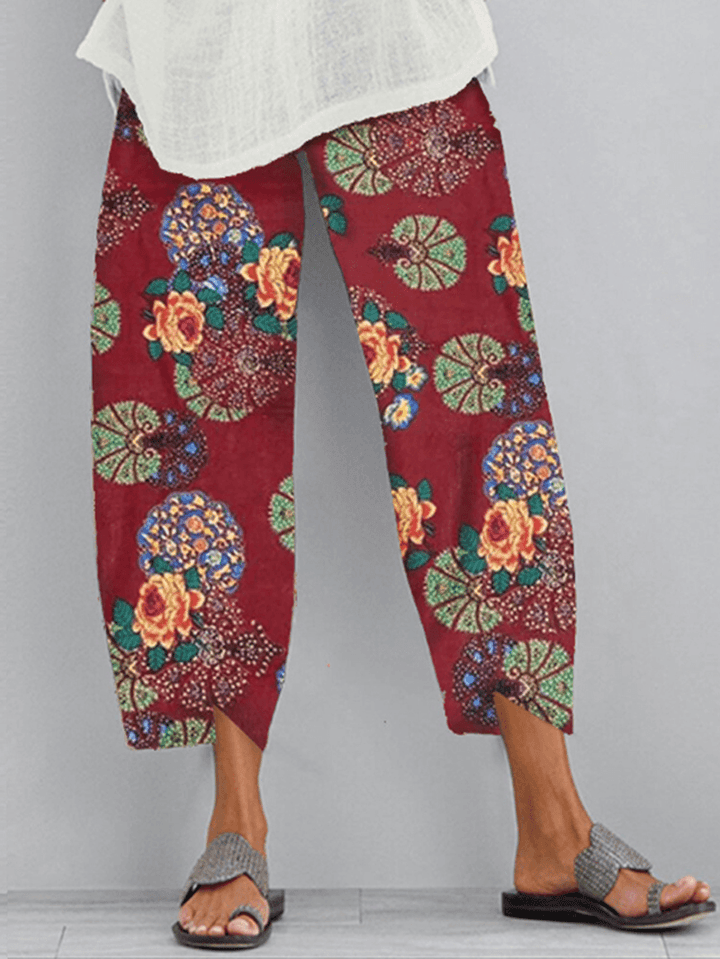 Ethnic Floral Print Elastic Side Pocket Irregular Casual Pants for Women - MRSLM