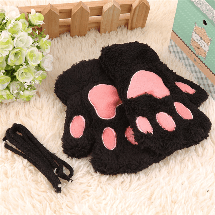 Women Girls Fluffy Plush Bear Cat Paw Fingerless Gloves Paw Glove Winter Warm Mittens