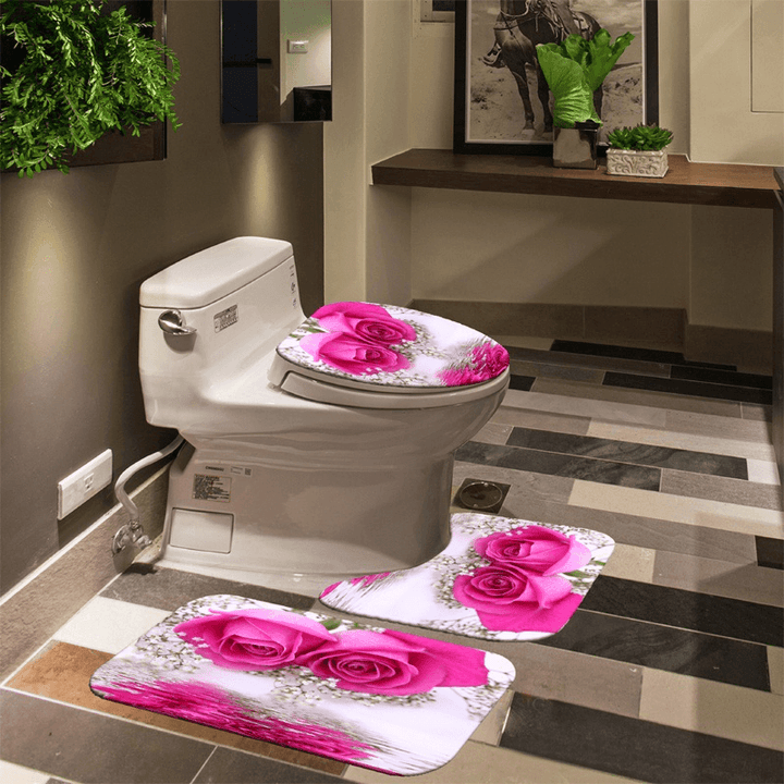 Pink Rose Waterproof Bathroom Shower Curtain Toilet Cover Bath Mat Pedestal Rug