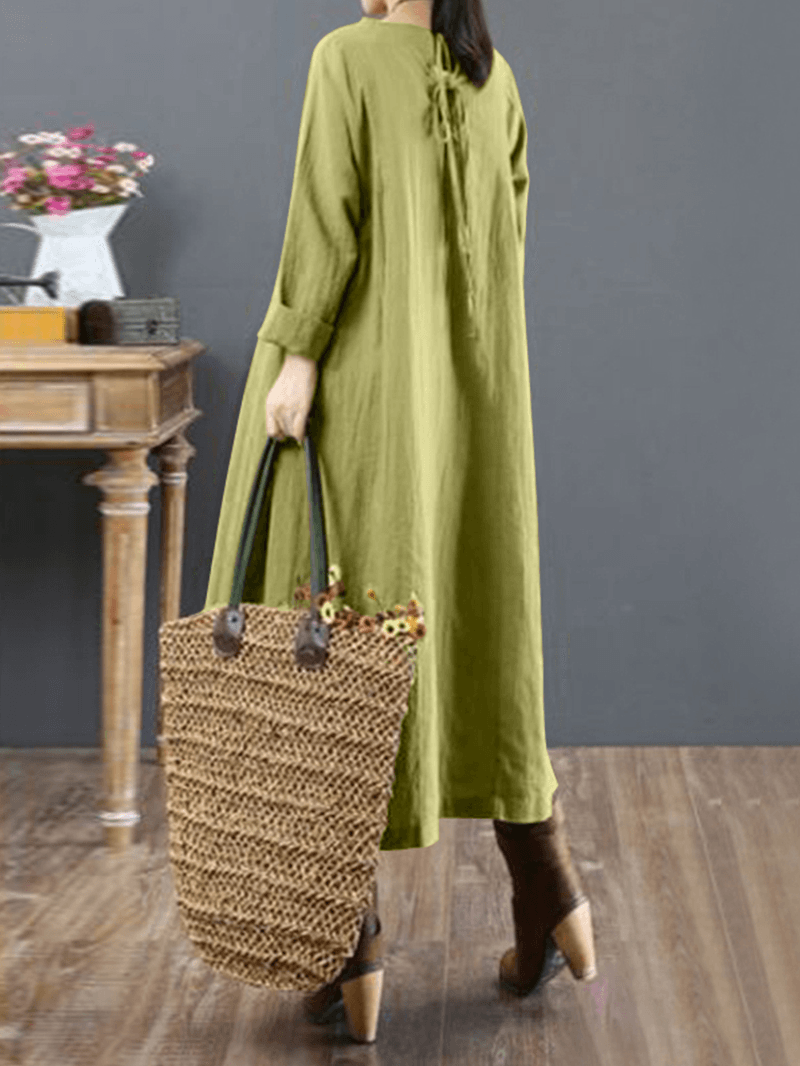 Women Cotton Solid Tie Back round Neck Long Sleeve Casual Midi Dresses