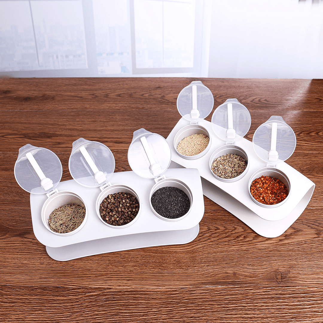 3 Grids Seasoning Bottle Box Condiment Kitchen Storage Container Herb Spice with Spoon