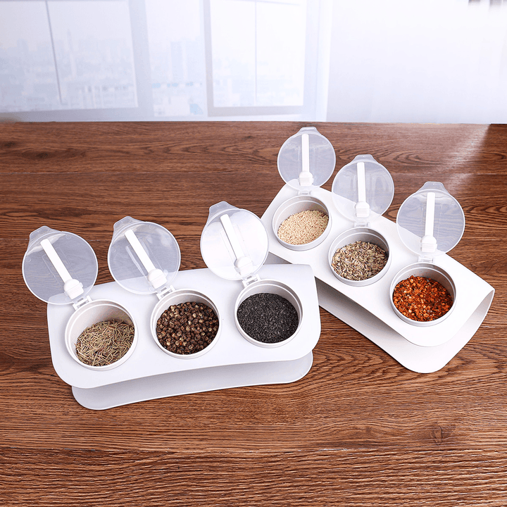 3 Grids Seasoning Bottle Box Condiment Kitchen Storage Container Herb Spice with Spoon