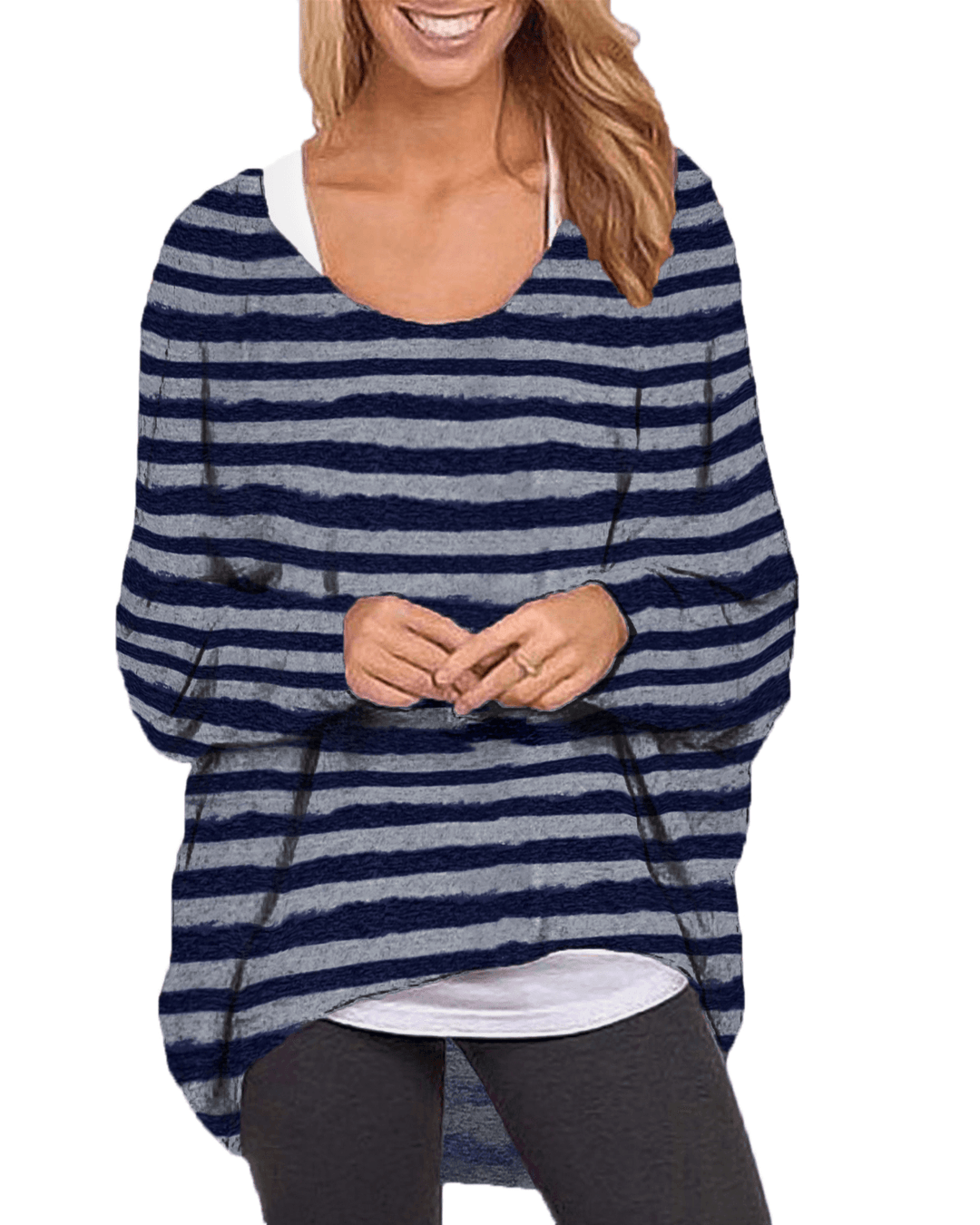 Women Long Sleeve O-Neck Stripe Baggy High Low Hem Casual Blouse