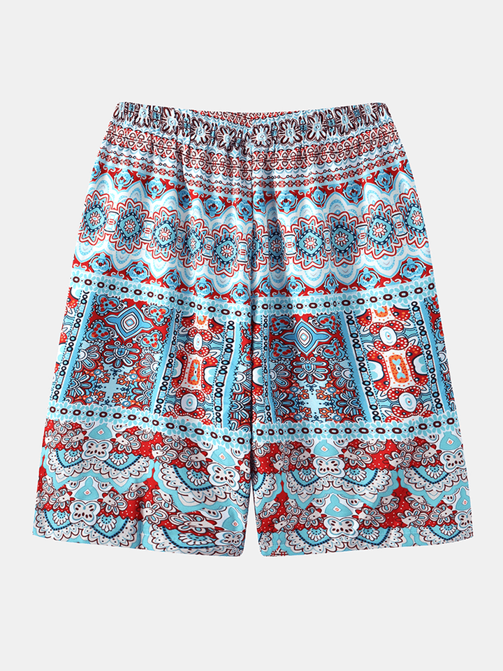 Mens Ethnic Style Print Drawstring Holiday Casual Shorts with Pocket